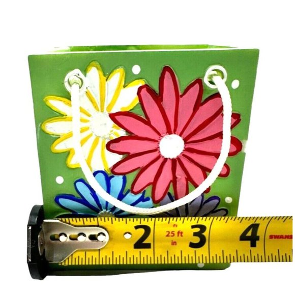 Ceramic Gift Bag Planter Vase Pen Cup Green Multicolor 1980s Floral Pattern 4" - Picture 8 of 9